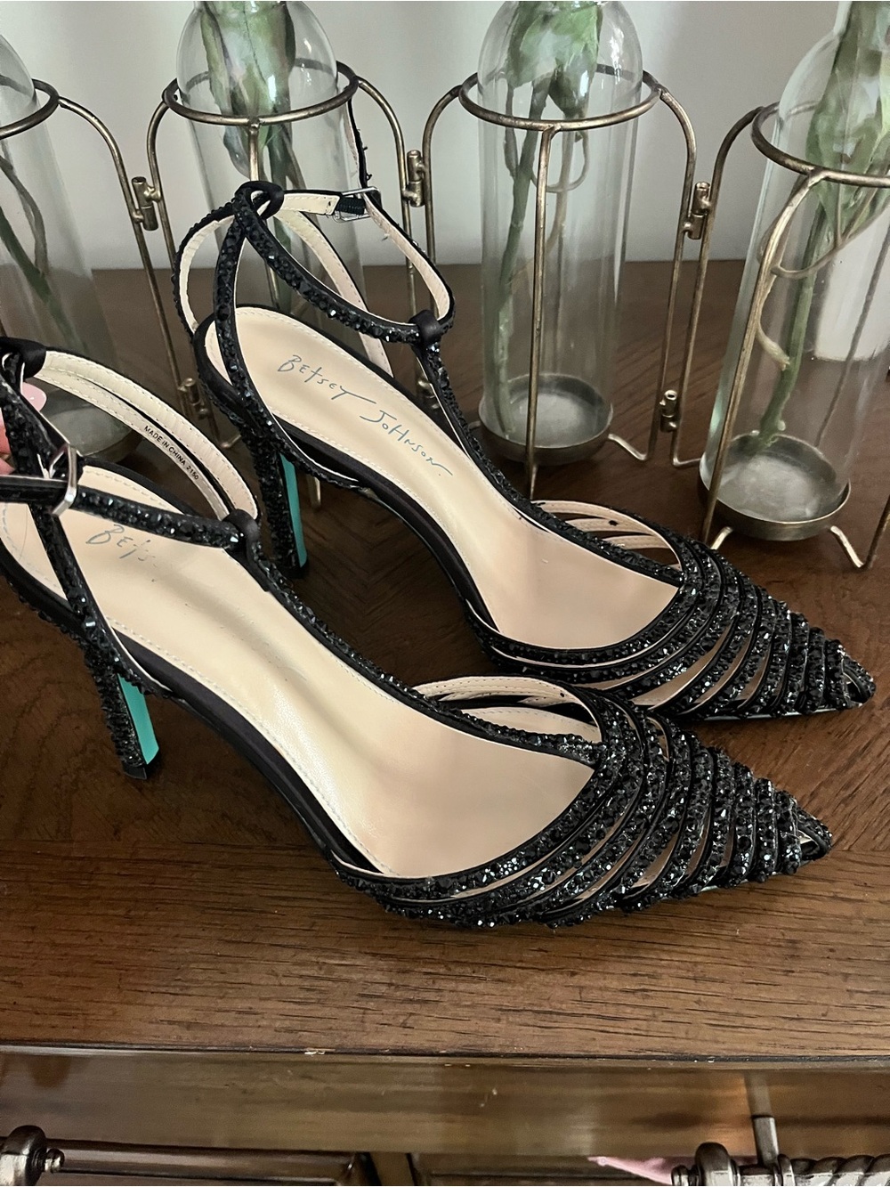 Betsey Johnson Black Crystal Strappy Pointed-Toe Heels with Teal Accent